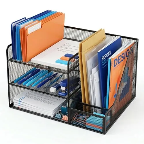 Relaxdays Schreibtisch Organizer, 5 Ablagen, vertikaler Ordnerhalter, Büro, HBT: 23,5 x 37 x 30,5 cm, Metall, schwarz
