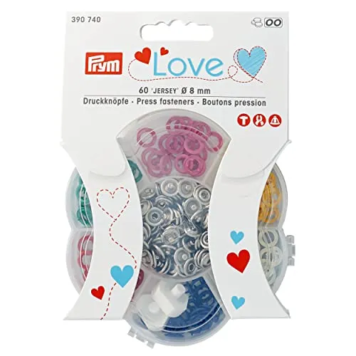 Prym 390740 Love Druckknöpfe Jersey Box, 60 Stück - Druckknöpfe für Jersey-Stoffe: 60-teiliges Set in 6 Farben, einfach anzubringen ohne Nähen, ideal für Baby- und Kinderkleidung.