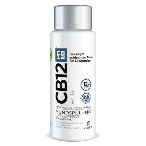 CB12 White Mundspülung: Mundwasser für weißere Zähne und frischen Atem, mit Zinkacetat & Chlorhexidin, Geschmack Minze, alkoholfrei, 250ml