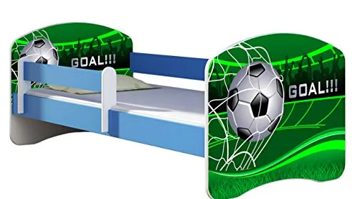 ACMA Kinderbett Jugendbett mit Rausfallschutz und Matratze - Blau - Kleinkindbett mit hochwertigem Lattenrost und verstellbarem Rausfallschutz für sicheren Schlaf. Inklusive Schaumstoffmatratze und personalisierbarem Namen des Kindes.