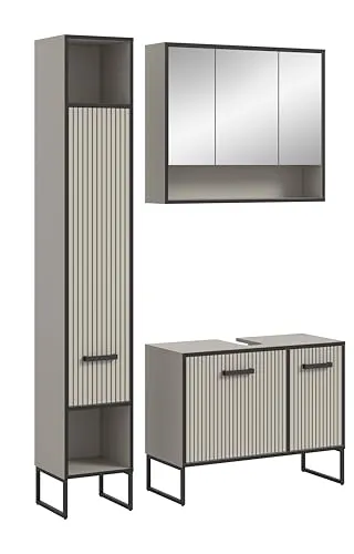 xonox 3-tlg. Badmöbelkombination Bagno - Badmöbelset für modernes Badezimmer, bestehend aus Hoch- und Spiegelschrank sowie Waschbeckenunterschrank, in elegantem Grau und mattem Finish.