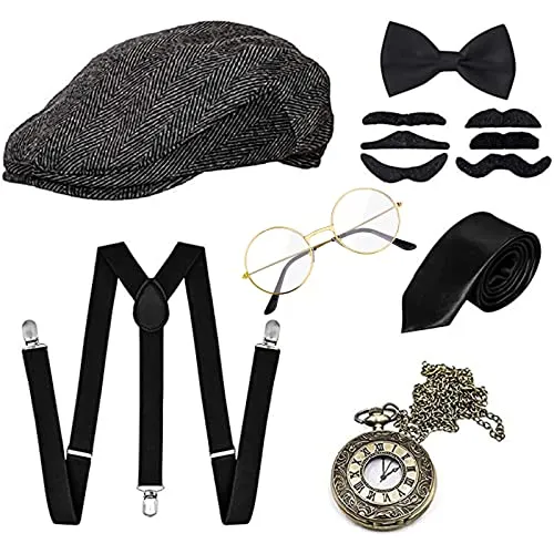 GOLDGE 1920s Herren Accessoires Set Mafia Gatsby Gatsby Kostüm Set mit Panama Gangster Hut Verstellbarem Hosenträger Krawatte Fliege Retro Taschenuhr Brille Bart (7PCS)
