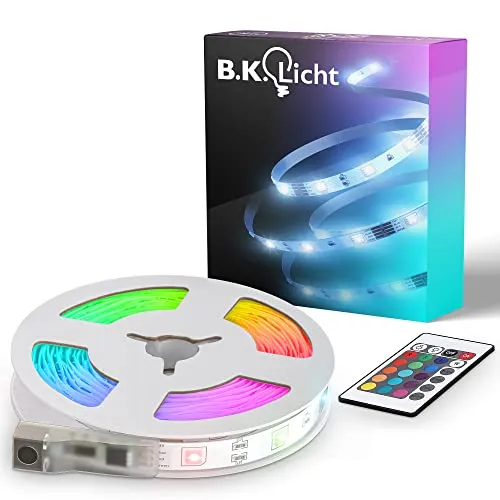 B.K.Licht - USB LED Strip 3 m mit Fernbedienung, buntes RGB, dimmbar, selbstklebend, LED Streifen, Leiste, Zimmer deko, Gaming, Band, Lichtleiste, Lichtband, 300 x 0,2 x 1 cm, Weiß