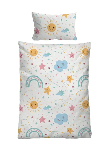 biberna® Bettwäsche Sonne, Sterne, Wolken - Bettwäsche für Einzelbetten, 2-teilig aus hautsympathischem Baumwoll-Linon, ideal für warme Sommernächte mit fröhlichem Design für Kinder.