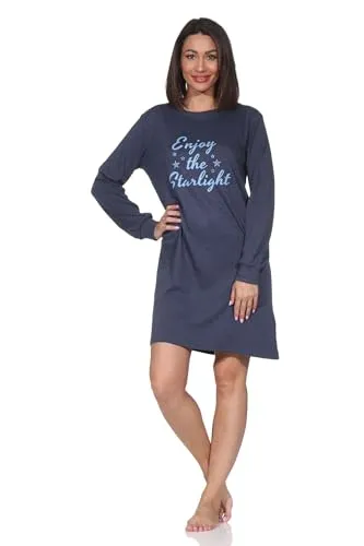 Normann Damen Langarm Nachthemd in Kuschel Interlock Qualität - auch in Übergrößen, Farbe:blau-Mel., Größe:40-42