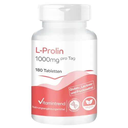 Vitamintrend L-Prolin 1000mg pro Tagesdosis, 180 Tabletten hochdosiert, Aminosäure, veganes Nahrungsergänzungsmittel ohne Zusätze, in Deutschland hergestellt