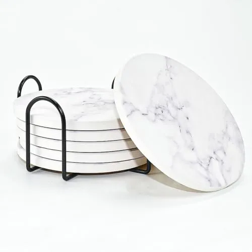 NAROSEBE 6 Stück Keramikuntersetzer mit Ständer Untersetzer Gläser Absorbierender Untersetzer Getränkeuntersetzer Marmor Glasuntersetzer Set Keramik Untersetzer Rund Marmor