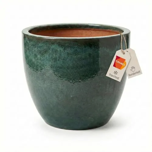 Teramico Premium Pflanzkübel Keramik glasiert – 100% Frostfest & Handarbeit. Blumenkübel mit Loch für Außen & Innen. Hochwertiger Übertopf Unikat Winterfest (Moos Grün, 21cm x 18cm)