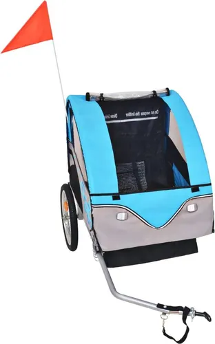 vidaXL Fahrradanhänger Grau und Blau 30 kg - Fahrradanhänger für 1-2 Kinder, max. 30 kg, mit 5-Punkt-Sicherheitsgurt, Allwetterdach und Sichtfenstern für optimalen Komfort und Sicherheit beim Radfahren.