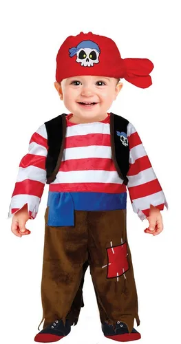 Fiestas Guirca Kostüm, Piraten Abenteuerkostüm Rot Weiß Streifen Totenkopf Karneval Faschin