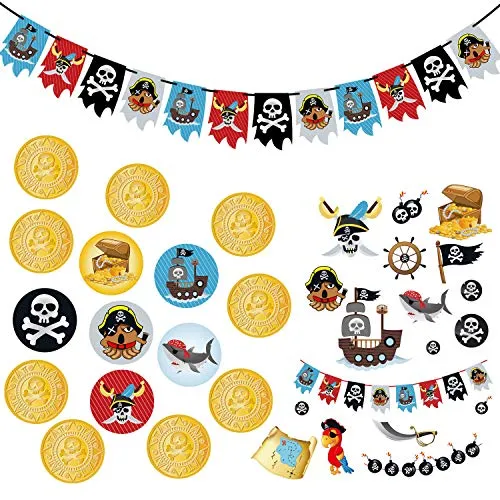 Oblique Unique® Piraten Party Kindergeburtstag Deko Set - Piraten Girlande + Temporäre Piraten Tattoos + Piraten Konfetti