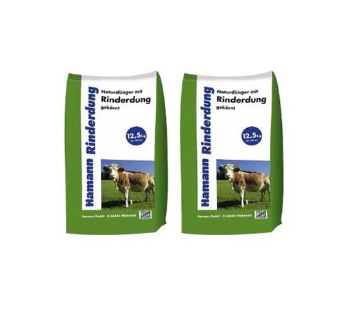 Hamann Mercatus Naturdünger mit Rinderdung 2 x 12,5 kg - Rein organischer Bodenverbesserer ohne chemische Zusätze, ideal für Gemüse, Obst und Zierpflanzen. Langzeitwirkung mit langsam freigesetzten Nährstoffen fördert Humusaufbau und Bodenleben.
