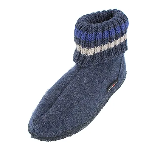 HAFLINGER Hüttenschuh Paul - Warme Schurwolle Hausschuhe in Blau (Jeans 72), EU Gr. 27 - Hausschuhe aus reiner Schurwolle für optimale Wärme und Atmungsaktivität. Rutschfeste Filzsohle für sicheren Halt an kalten Tagen. Perfekt für die ganze Familie!