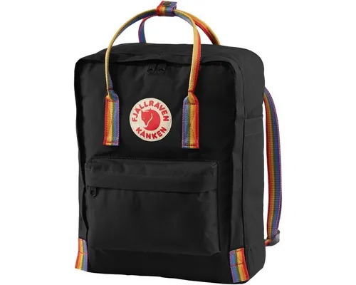 Fjällräven KANKEN Rainbow Rucksack - Schwarz mit buntem Muster - Daypack mit großem Hauptfach, praktischen Seitentaschen und herausnehmbarem Sitzkissen. Ideal für Schule, Freizeit und Reisen, aus strapazierfähigem Vinylal-Gewebe.