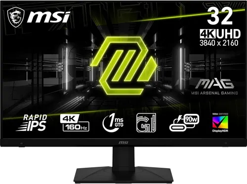 MSI MAG 322UPF 32 Zoll 4K Gaming Monitor - UHD 3840x2160, Rapid IPS mit 160 Hz und 1 ms Reaktionszeit, ideal für flüssiges Gaming und eSports, rahmenloses Design für nahtlose Multi-Monitor-Setups.
