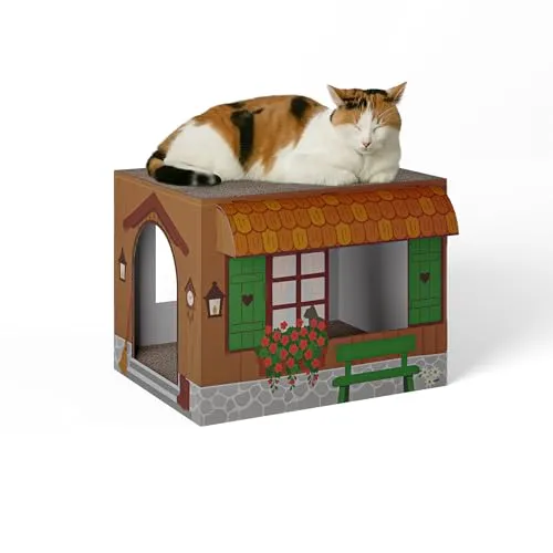Cat’s Palace Katzenhaus Urige Almhütte – Rückzugsort & Kratzmöbel mit 2 Kratzflächen für Katzen | 45×35×35 cm | Made in Germany