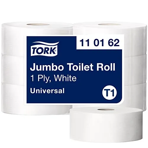 Tork 110162 Jumbo Toilettenpapier - 1-lagig in Weiß, 500m Rolle für hohe Besucherfrequenz, nachhaltig aus 100% recycelten Fasern, EU Ecolabel zertifiziert