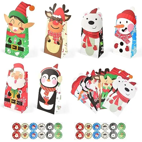 Kleemeiero 24 Stück Geschenktüten Weihnachten Papier Süßigkeitskästen 6 Design Tüten Mit 2 Blatt Aufklebern für Geschenkverpackung
