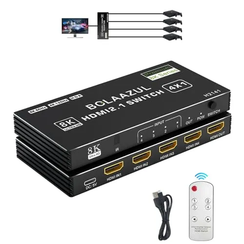 Bolaazul 8K HDMI 2.1 Switch 4 in 1 Out - Video Umschaltpult für 4 HDMI Quellen, unterstützt 8K@60Hz & 4K@120Hz, ideal für Gaming und Home Entertainment mit IR Fernbedienung und breiter Kompatibilität.