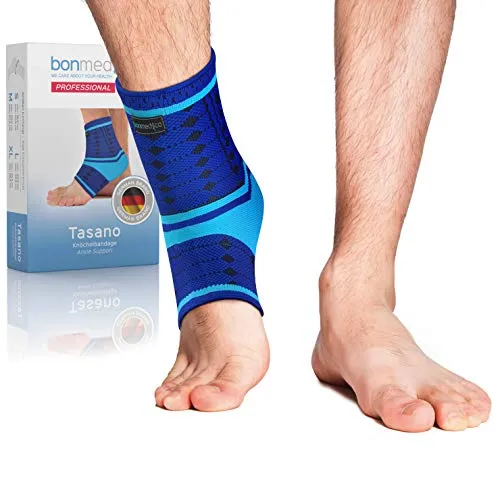 bonmedico Sprunggelenkbandage - Rutschfeste Knöchelbandage Sprunggelenk für Damen & Herren - Stützende Bandage für Fußgelenk, Achillessehne - Wellness Geschenke - 1 Fußbandage (Blau, L)