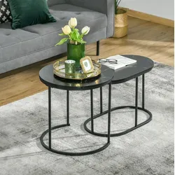 2-teiliges Couchtisch-set Schwarz In Marmoroptik, 50x50,5h Cm + 60x36x43,5h Cm, Stahl/mdf Stapelbar