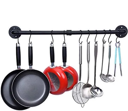 WuGeShop Topfregal Wandhalterung, Pfannenaufhänger Stange mit 10 Haken, Küchenutensilienregal Organizer, Topfhängeboden, Schwarz
