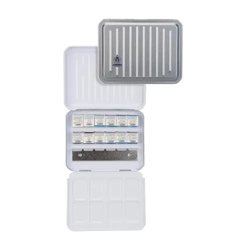 Produktbild Schmincke – HORADAM® AQUARELL, Seascape Set, 74 854 097, eleganter Aluminiumkasten, 12 feinste Aquarellfarben in Blautönen, halbe Näpfchen, Wasser und Himmel, Sonderton Eisblau