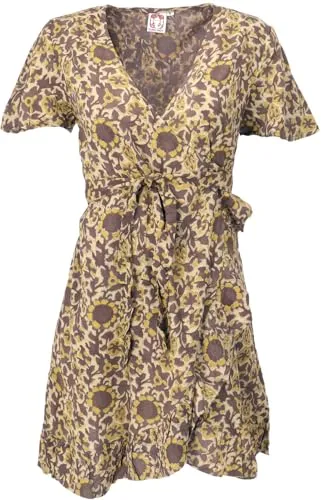 GURU SHOP Minikleid Boho Chic - Wickelkleid in Taupe - Stylisches Damen-Wickelkleid aus hochwertigem, handbedrucktem Stoff. Der schwingende Rock sorgt für einen eleganten Look und kann flexibel gebunden werden. Ideal für den Sommer!