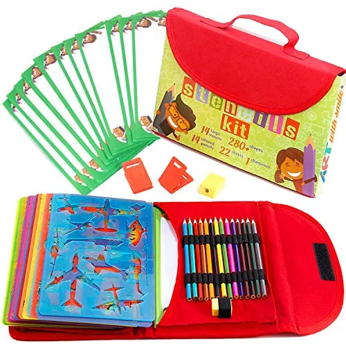 Zeichenschablonen für Kinder-Set und Tragetasche – – kindersicheres, ungiftiges Schablonen-Set mit 300 Formen, Buntstiften, Papier usw. – Reise-Kunstzubehör für Kreativität, Lernen, Spaß