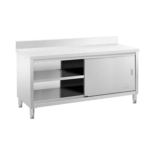 Royal Catering Edelstahl-Arbeitsschrank ECO 180 x 60 cm - Edelstahlmöbel mit 600 kg Tragkraft, ideal für professionelle Küchen. Der Arbeitsschrank bietet viel Platz und schützt mit Aufkantung vor Spritzern.