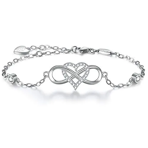 BlingGem Damen Armband Infinity aus Weißgold vergoldet 925 Sterling Silber mit Rundschliff Zirkonia Unendlichkeit Herz Bettelarmband Frauen Für Immer Zusammen Geschenk Frauen