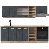 Vicco Küchenzeile R-Line, Schwarz Beton/Goldkraft Eiche, 240 cm - Küchenzeile ohne Arbeitsplatte, individuell gestaltbar mit höhenverstellbaren Füßen für einfache Montage und Stabilität auf unebenen Böden.
