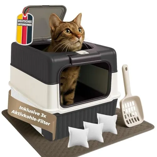 Coemo Katzentoilette mit Deckel Schwarz - Katzentoilette mit geruchsbindendem Aktivkohlefilter und praktischer Schublade für einfache Reinigung. Ideal für ein frisches Raumklima und stressfreien Alltag mit Ihrer Katze.