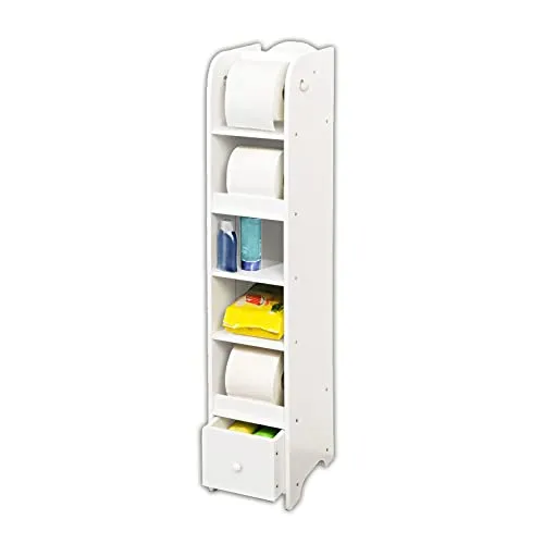 Toilettenpapierhalter mit Regal und Schublade – Weißes Holzregal - Praktisches Toilettenregal mit 4 Ablagen und Schublade. Ideal für die Aufbewahrung von Toilettenartikeln. Kompakt und einfach zu montieren – perfekte Ergänzung für Ihr Bad!