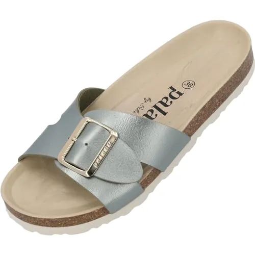 Palado Tinos BEGS by Sila Sahin Damen Pantoletten - extra bequeme Sandalen mit extra großer Schnalle - Made in Spain Olive Metallic UK6 - EU39