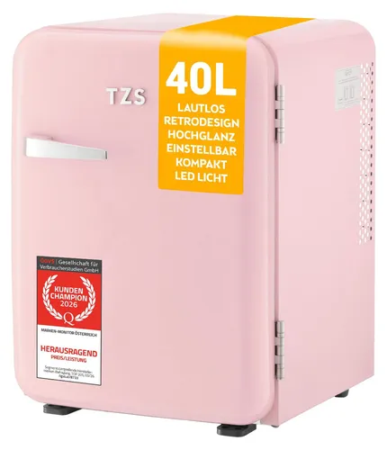 TZS First Austria Retro Mini Kühlschrank 40L - Lautlos und stilvoll - Der geräuschlose Mini Kühlschrank mit 40 Litern bietet viel Platz für Snacks und Getränke. Ideal für Schlafzimmer und Büros, überzeugt er durch sein elegantes Retro-Design und energieeffiziente Kühlung.