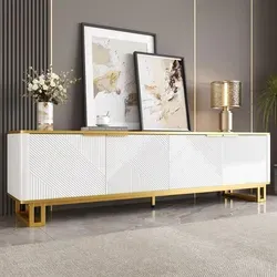 Merax TV-Schrank mit 4 Türen aus MDF - Elegantes Lowboard in Weiß & Gold - Stylisches TV-Lowboard mit einzigartiger 3D-Geometrie und viel Stauraum. Ideal für modernes Wohnen, inklusive durchdachtem Kabelmanagement für Ordnung und Übersicht.