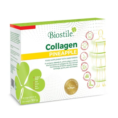 Biostile Collagen Pineapple – 30 Beutel mit 5 Quellen von hydrolysiertem Kollagen - Nahrungsergänzungsmittel zur Förderung der Hautelastizität, mit klinisch getesteten Inhaltsstoffen, auch für Diabetiker und Veganer geeignet, leckerer Ananasgeschmack.