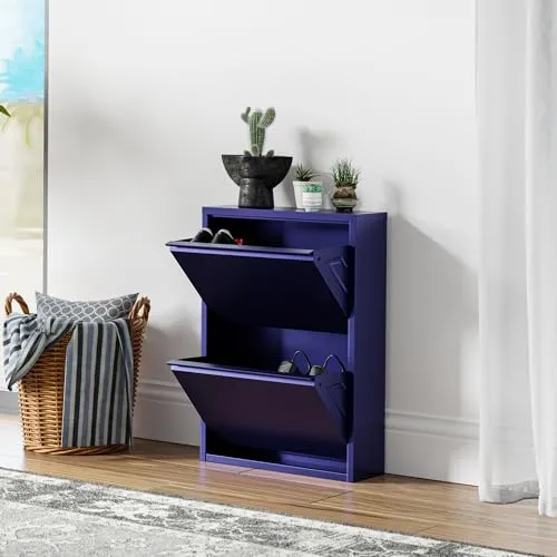 [en.casa] Schuhschrank Sokndal – Stilvoller Schuhkipper in Nachtblau - Schuhschrank für 4 Paar Schuhe, kompakt und platzsparend. Mit stabiler Ablagefläche für Dekoration und einfache Wandmontage – perfekter Ordnungshüter für jeden Eingangsbereich.