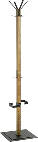HAKU Möbel Garderobenständer aus Eiche und Metall - Moderne Garderobe aus geölter Eiche mit 6 stabilen Haken und Schirmhalterung, ideal für Flur und Eingangsbereich. Hohe Belastbarkeit von 8 kg pro Haken.