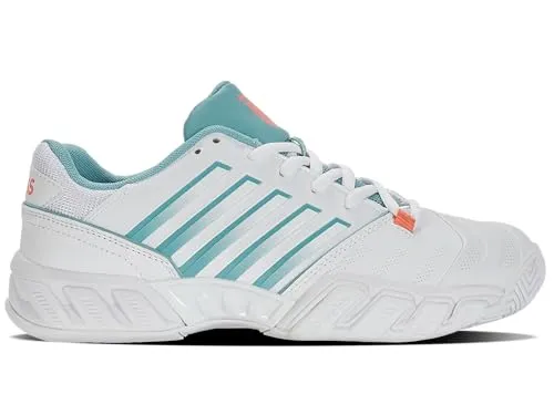 K-Swiss Damen Tennisschuh BIGSHOT LIGHT 4 - Weiß/Blau/Orange - Tennisschuhe mit AÖSTA 7.0 Gummisohle für maximale Haltbarkeit und K-EVA für optimale Dämpfung. Ideal für Spielerinnen, die Stabilität und Komfort auf dem Platz suchen.