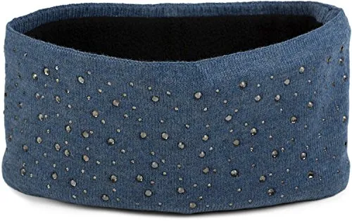 styleBREAKER Damen Stirnband mit Strasssteinen und weichem Fleece-Innenfutter, Feinstrick Haarband, warmes Headband 04026003, Farbe:Blau
