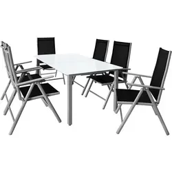 Casaria Garten-Essgruppe Bern (7-tlg) - Exklusive 7-tlg. Aluminium Essgruppe mit klappbaren Hochlehnern und Tischplatte aus 5mm Sicherheitsglas – wetterfest und ideal für Garten und Balkon.