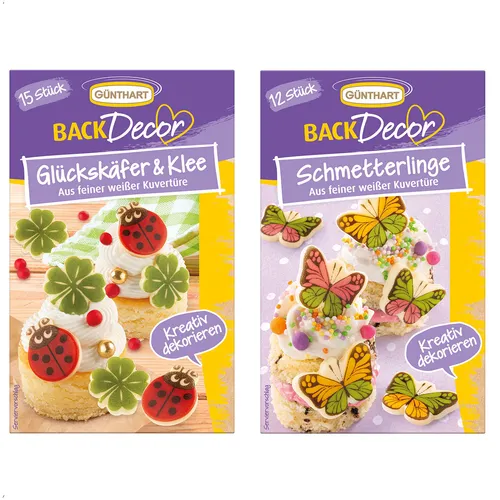 BackDecor Glückskäfer, Kleeblätter und Schmetterlinge aus weißer Kuvertüre SET