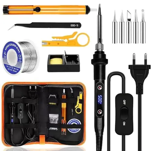 Lötkolben Set, 80W 180-520°C Lötkolben mit Ein/Aus Schalter LCD Einstellbar Temperatur Soldering Iron, 5 Lötspitzen, Entlötpumpe, Lötkolbenständer, Pinzette, für Elektroarbeiten und Reparaturen