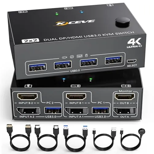 KCEVE DP + HDMI KVM Switch für 2 Computer und 2 Monitore
