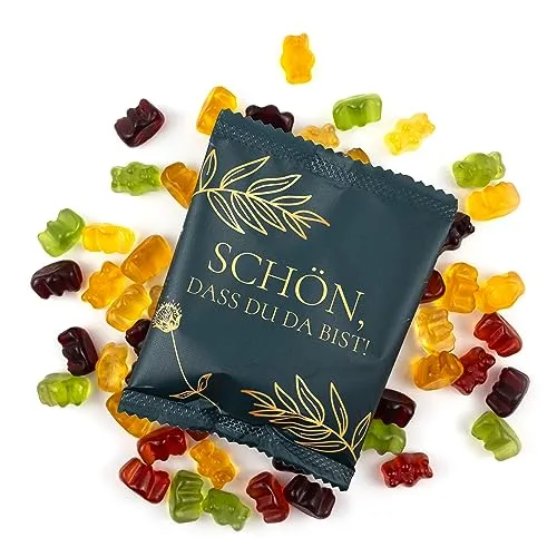 Fruchtgummi-Päckchen „Schön, dass du da bist“, Dunkelgrün Matt mit Gold – 100 Stück