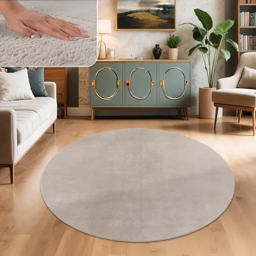 Paco Home Teppich Wohnzimmer Kunstfell weich waschbar modern elegant pflegeleicht Felloptik Uni Seidenglanz flauschig Kurzflor, Grösse:Ø 100 cm Rund, Farbe:Beige