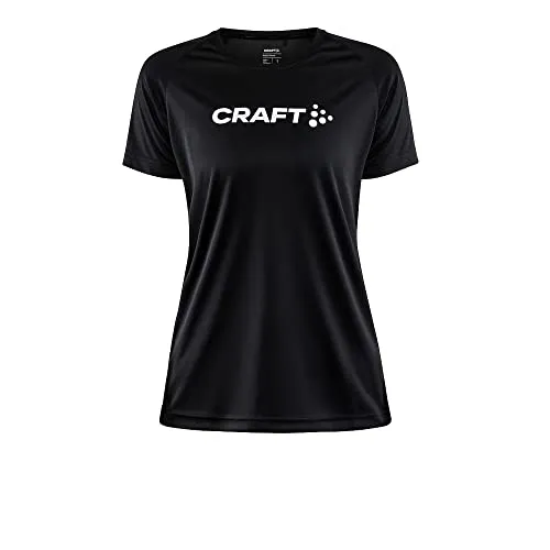 Craft Damen CORE Essence Logo Tee Black – Funktionsshirt S aus recyceltem Polyester – Atmungsaktives Sportshirt mit geschwungenen Seitennähten für Training & Alltag
