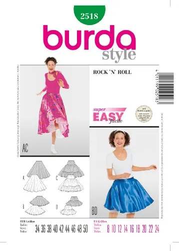 Burda 2518 Schnittmuster Kostüm Fasching Karneval Rock'n Roll (Damen, Gr. 34-50) – Level 1 super Easy